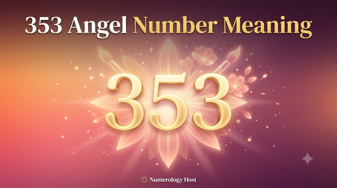 A vibrant, dreamy digital illustration for a spiritual blog thumbnail. Soft gradient background blending warm amber, coral pink, and deep plum, evoking creativity and abundance. In the center, the glowing golden numbers '353' rendered in elegant, luminous 3D typography with soft light rays radiating outward like blooming petals. Faint paintbrush and blossoming flower motifs glowing subtly behind the numbers, symbolizing creative expression and growth. Small delicate sparkles and light particles drifting gently across the frame. At the top of the image, bold clean white/gold text reading '353 Angel Number Meaning' in a modern serif font, easy to read at thumbnail size. Bottom corner includes a small subtle logo space for 'Numerology Host'. Aspect ratio 16:9, high resolution, soft glow lighting, minimalist spiritual aesthetic, no clutter, high contrast for text readability.